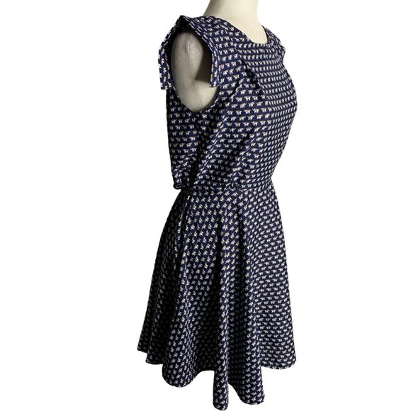 Tramp Cap Sleeve Swing Dress M Blue Elephants Tie Waist Zip Circle Twirl Skirt - Picture 5 of 6
